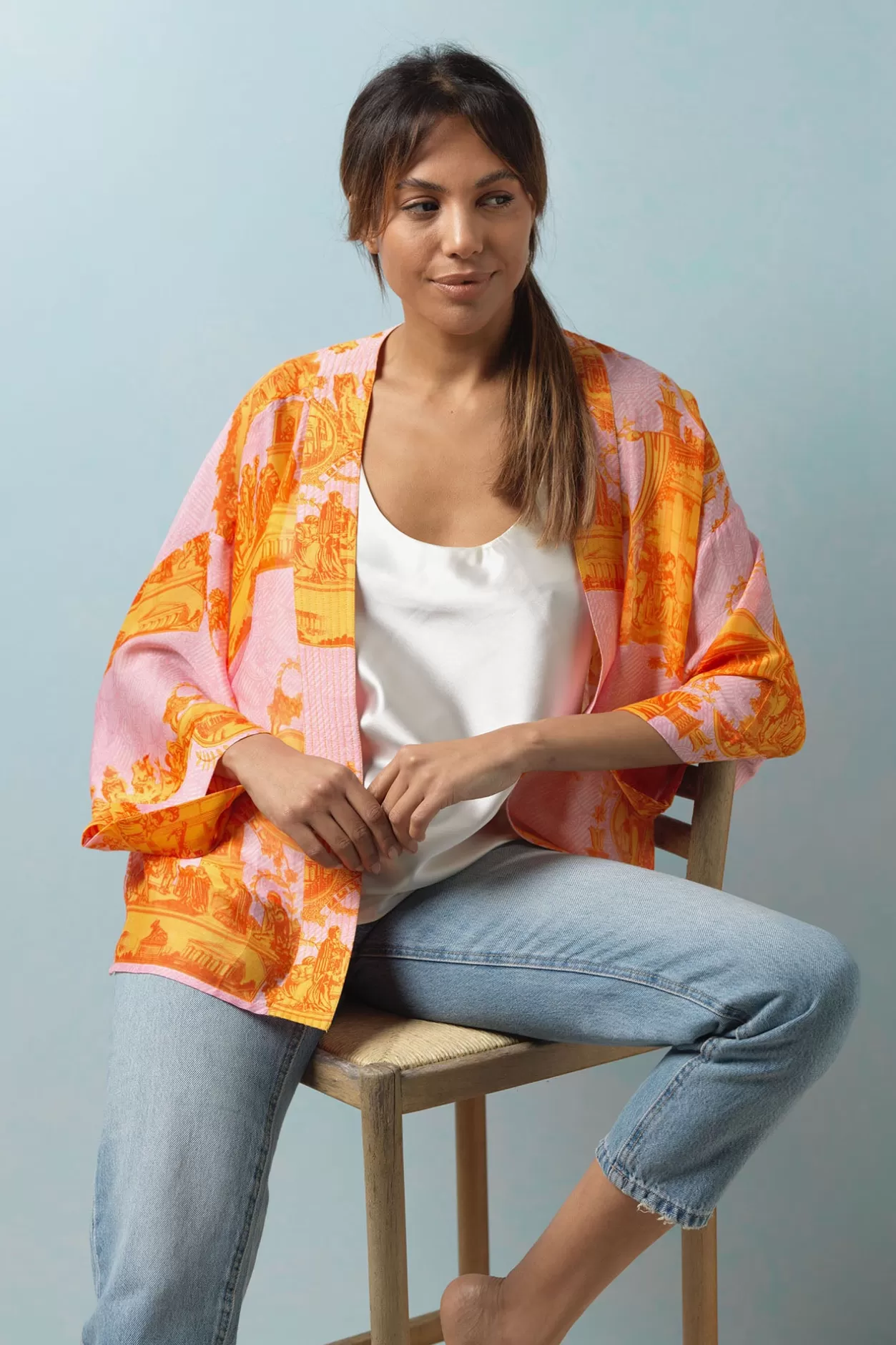 Women One Hundred Stars Ancient Columns Orange Kimono