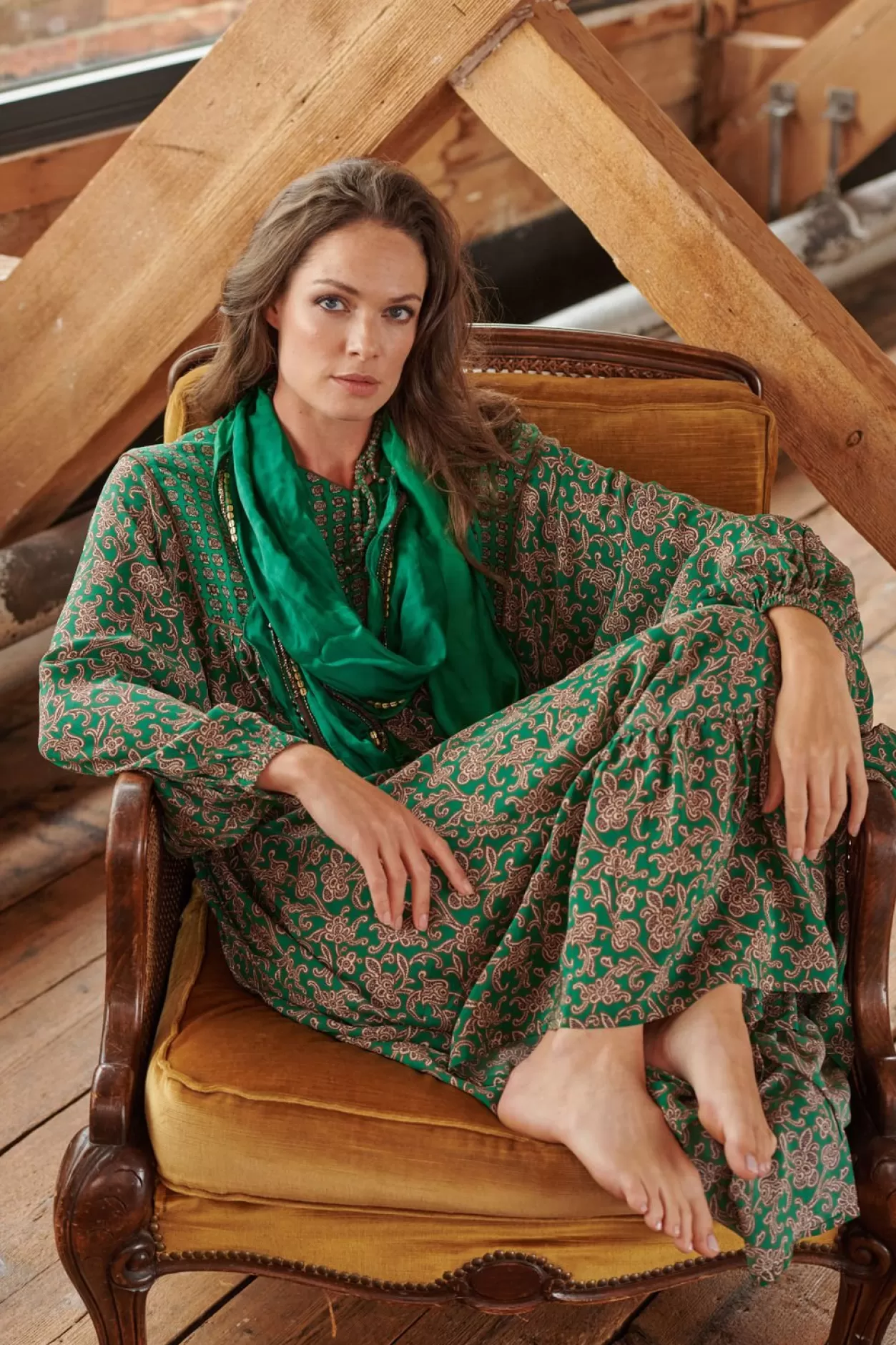 Women One Hundred Stars Floral Paisley Green Boho Dress