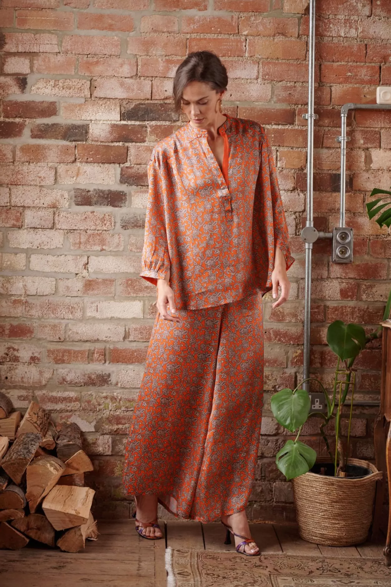 Women One Hundred Stars Floral Paisley Orange Darcy Shirt