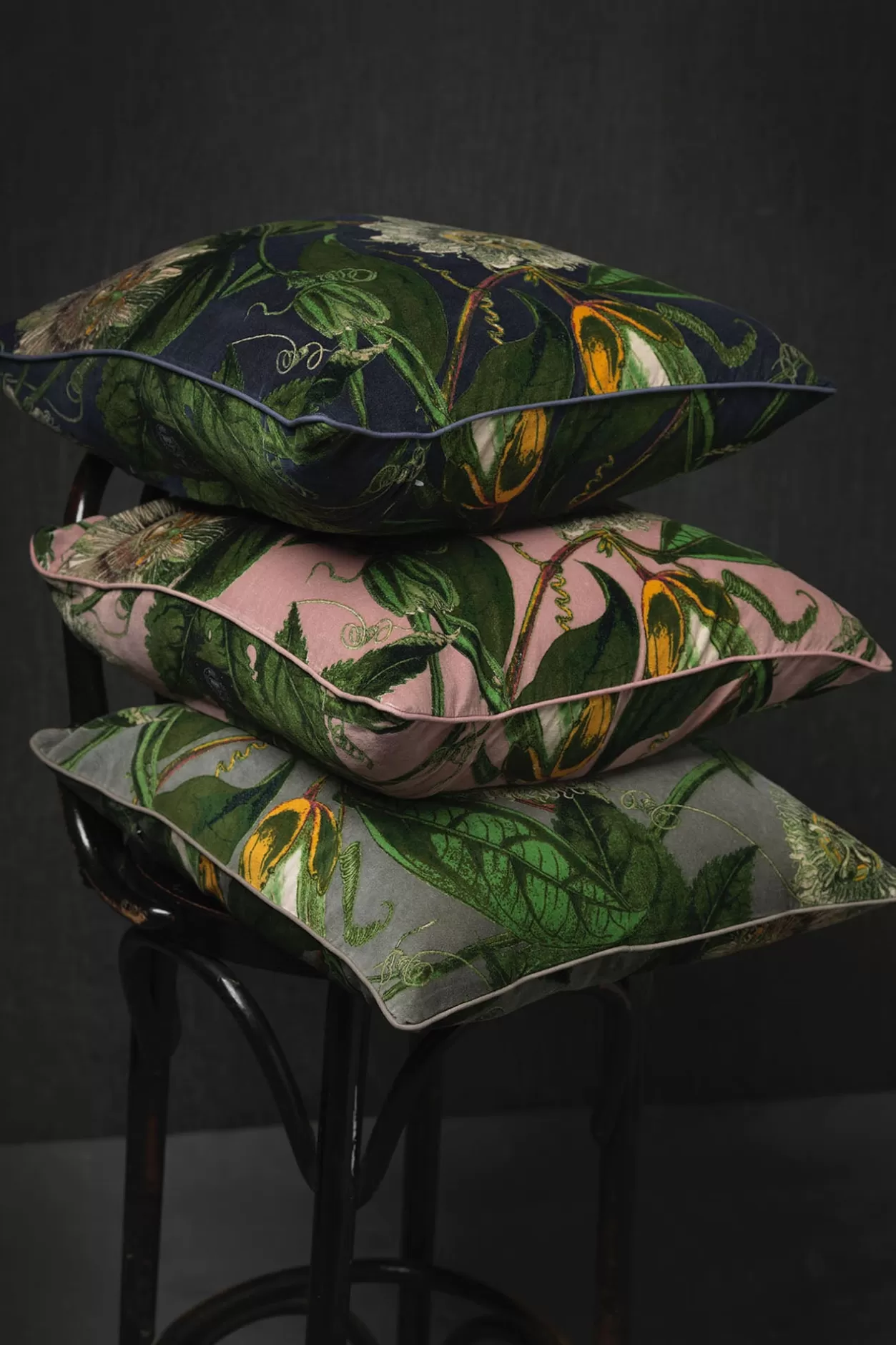 One Hundred Stars Kew Passion Flower Grey Velvet Square Cushion