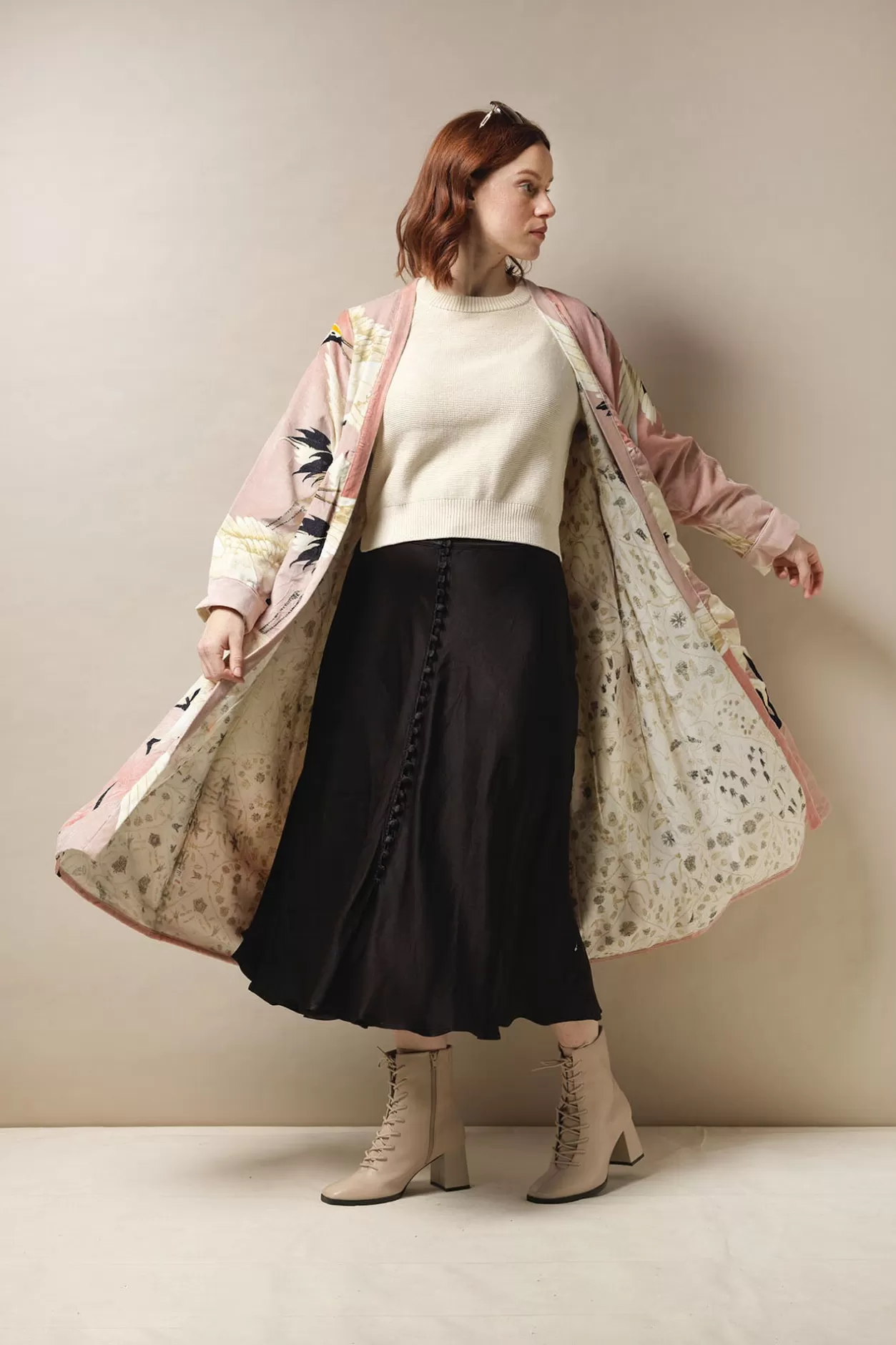 Women One Hundred Stars Stork Pink Velvet Duster Coat